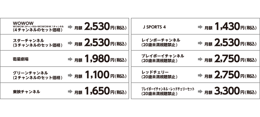 オプションチャンネル料金一覧